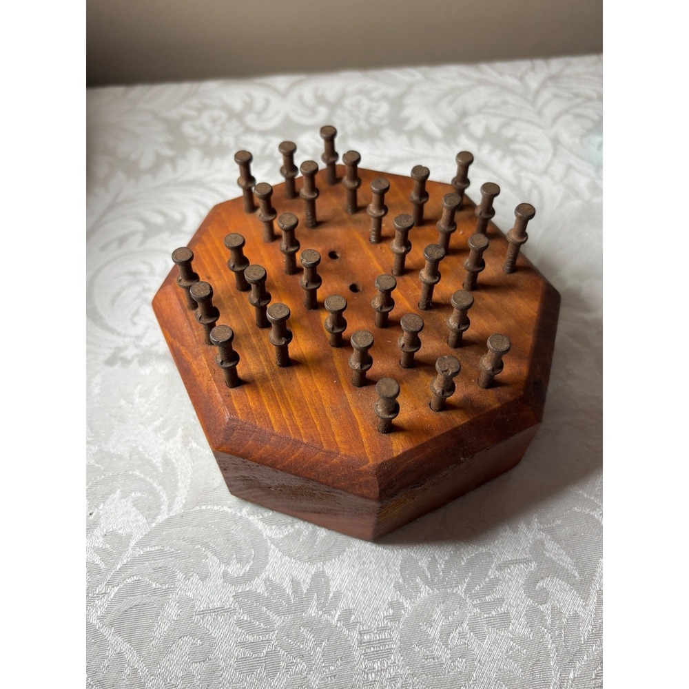Handmade Wooden Octagon Peg Solitaire Game Rustic Metal Pins Folk Art Vintage - Picture 3 of 7